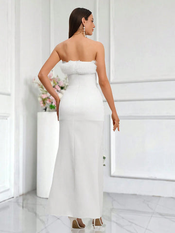 Women's Solid Color Contrast Mesh Ruffle Trimmed Strapless Dress With Side Slit, Elegant Bridesmaid Dress Wedding Dresses Bride