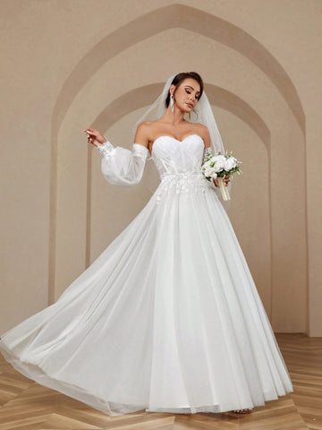 Women's Solid Color Elegant Bubble Mesh Sleeves Lace Back With Net Sweep Train Wedding Dresss Wedding Women Dresses