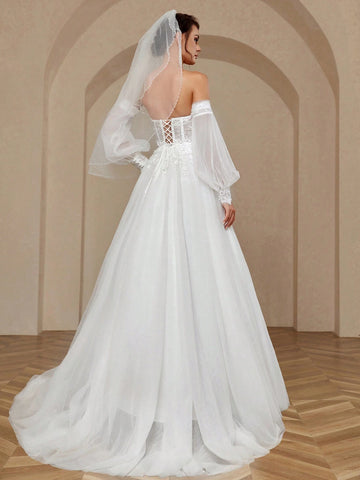 Women's Solid Color Elegant Bubble Mesh Sleeves Lace Back With Net Sweep Train Wedding Dresss Wedding Women Dresses