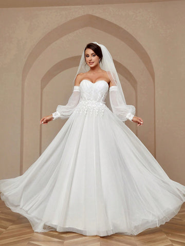 Women's Solid Color Elegant Bubble Mesh Sleeves Lace Back With Net Sweep Train Wedding Dresss Wedding Women Dresses
