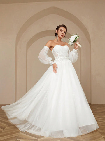 Women's Solid Color Elegant Bubble Mesh Sleeves Lace Back With Net Sweep Train Wedding Dresss Wedding Women Dresses