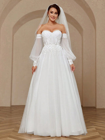 Women's Solid Color Elegant Bubble Mesh Sleeves Lace Back With Net Sweep Train Wedding Dresss Wedding Women Dresses