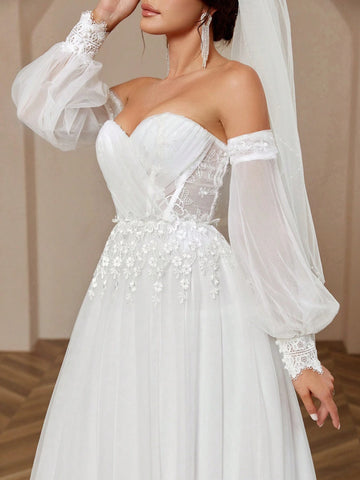 Women's Solid Color Elegant Bubble Mesh Sleeves Lace Back With Net Sweep Train Wedding Dresss Wedding Women Dresses