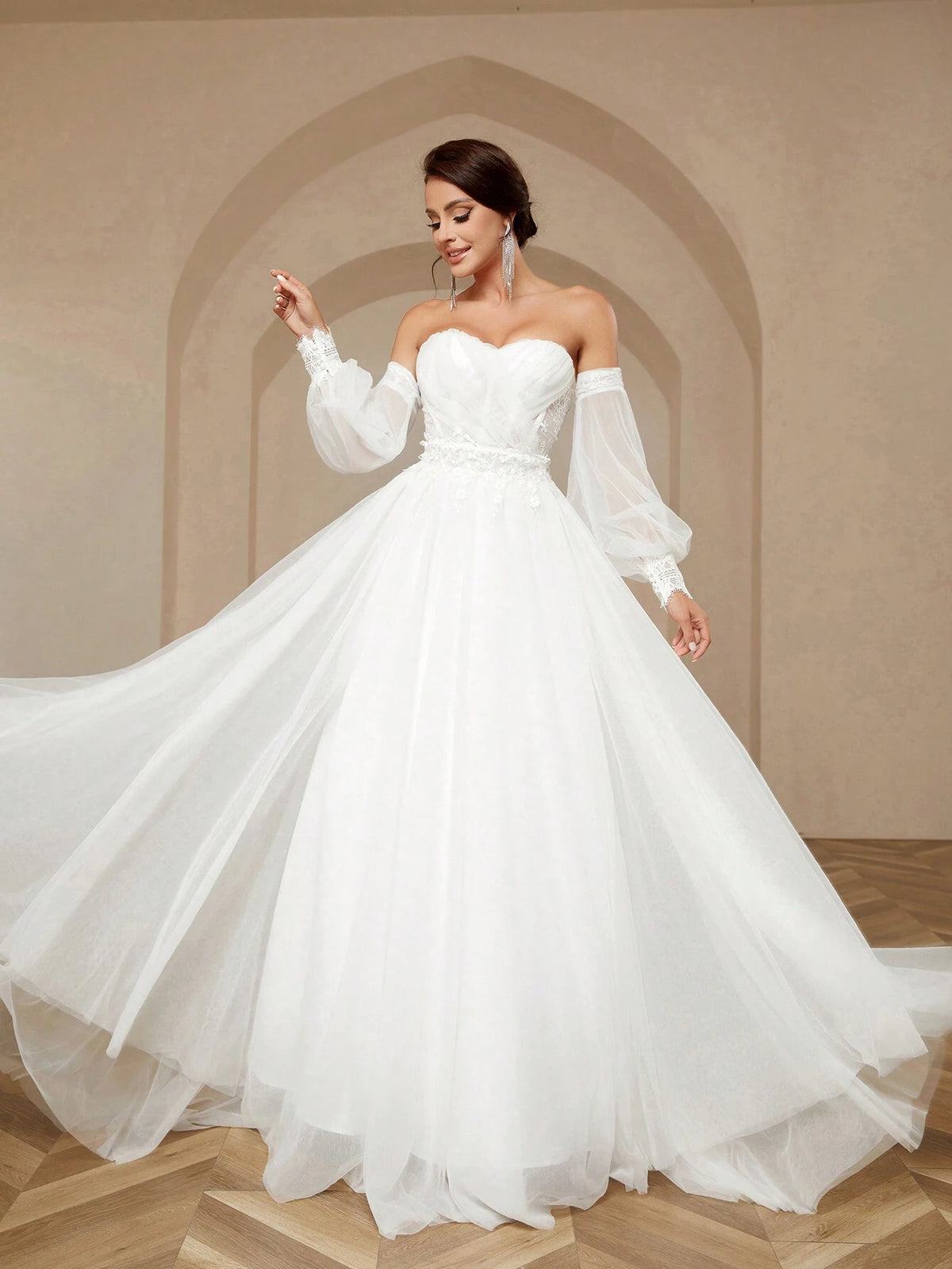 Women's Solid Color Elegant Bubble Mesh Sleeves Lace Back With Net Sweep Train Wedding Dresss Wedding Women Dresses