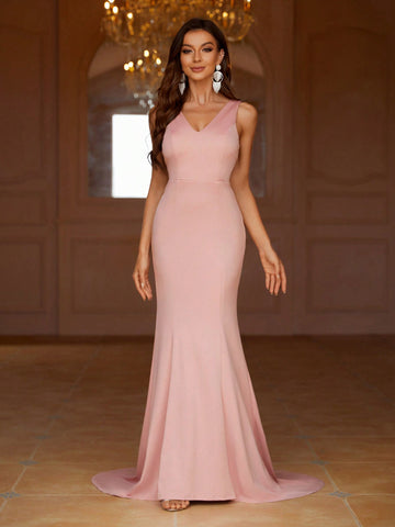 Women's Solid Color Fish Tail Hem Long Dress