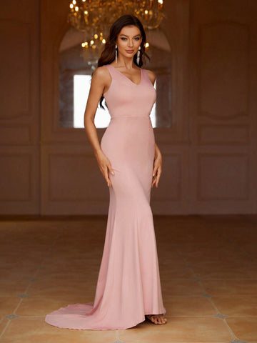 Women's Solid Color Fish Tail Hem Long Dress