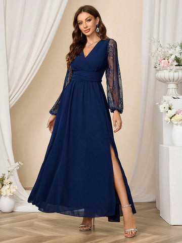 Women's Solid Color Lace Patchwork Long Sleeve V-Neck Split Pleated Formal Maxi Dress,Christmas Clothing