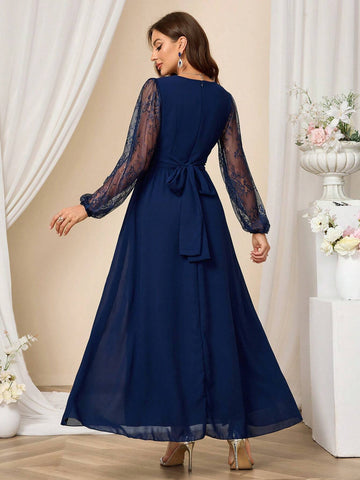 Women's Solid Color Lace Patchwork Long Sleeve V-Neck Split Pleated Formal Maxi Dress,Christmas Clothing