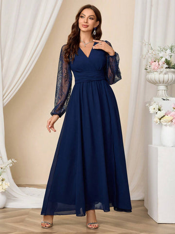 Women's Solid Color Lace Patchwork Long Sleeve V-Neck Split Pleated Formal Maxi Dress,Christmas Clothing