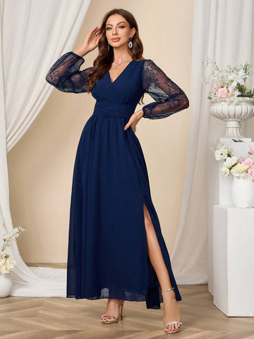 Women's Solid Color Lace Patchwork Long Sleeve V-Neck Split Pleated Formal Maxi Dress,Christmas Clothing