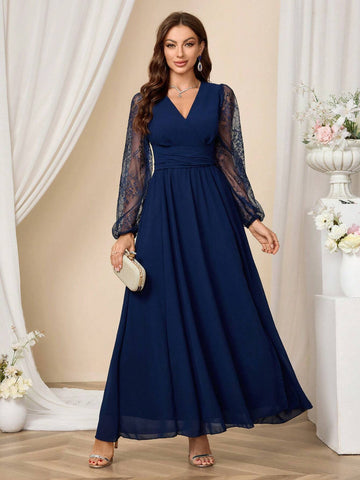 Women's Solid Color Lace Patchwork Long Sleeve V-Neck Split Pleated Formal Maxi Dress,Christmas Clothing