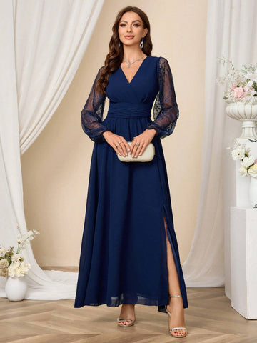 Women's Solid Color Lace Patchwork Long Sleeve V-Neck Split Pleated Formal Maxi Dress,Christmas Clothing