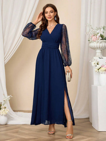 Women's Solid Color Lace Patchwork Long Sleeve V-Neck Split Pleated Formal Maxi Dress,Christmas Clothing
