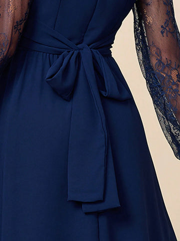 Women's Solid Color Lace Patchwork Long Sleeve V-Neck Split Pleated Formal Maxi Dress,Christmas Clothing