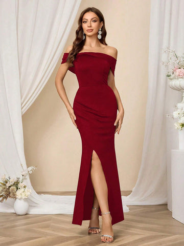 Women's Black Off-The-Shoulder Minimalist Slit Casual Party Dress, Tight High Stretch Clothes Fashionable And Slimming,Christmas Clothing, Elegant Cocktail Semi Formal Prom Dress, For Birthday, Wedding Guest, Graduation, Dinner, Homecoming