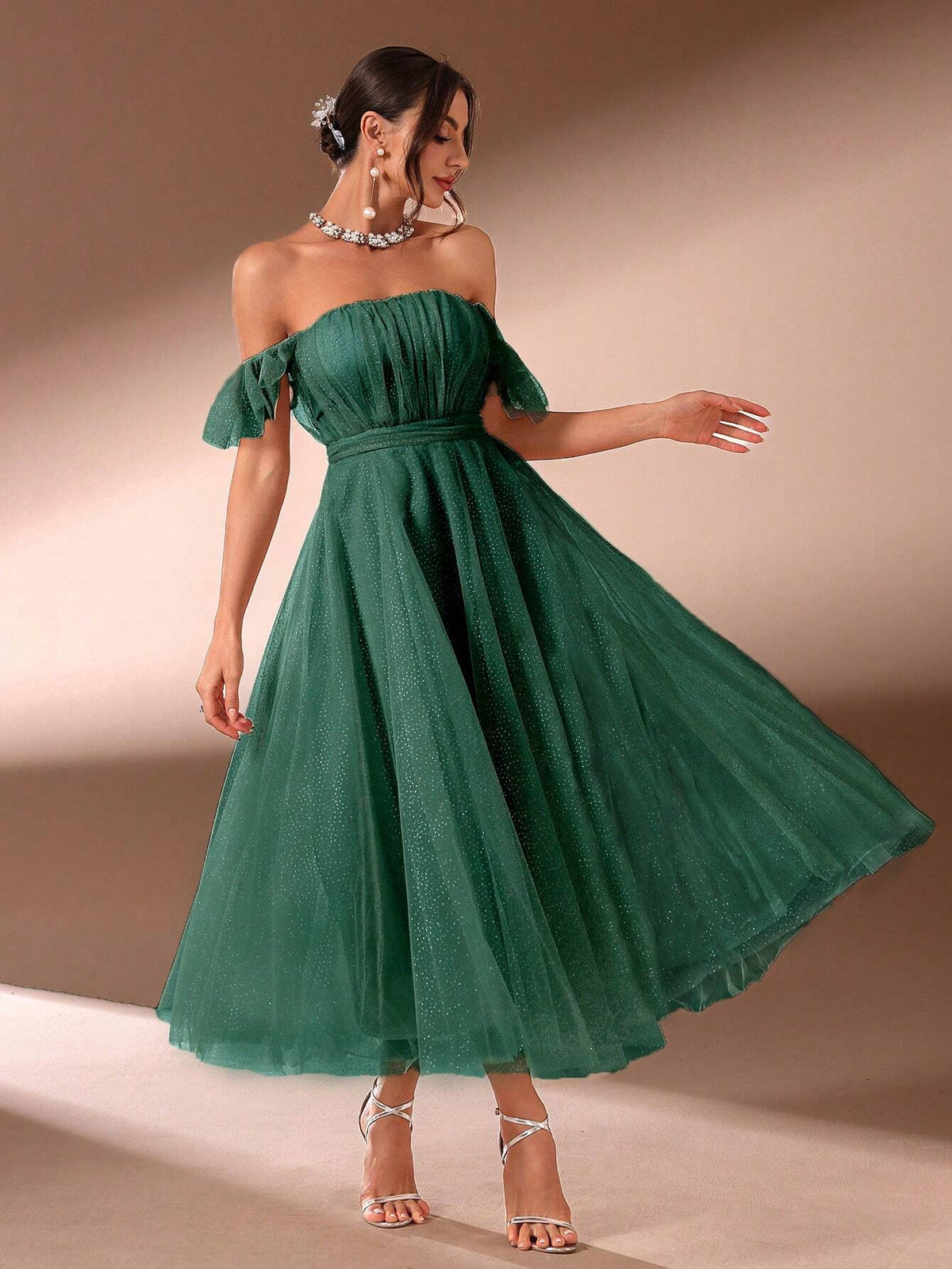 Solid Color Elegant Women's Banquet Dress With Off Shoulder Neckline(Heavy Style)