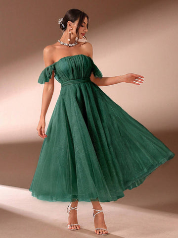 Solid Color Elegant Women's Banquet Dress With Off Shoulder Neckline(Heavy Style)