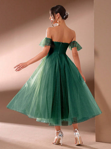 Solid Color Elegant Women's Banquet Dress With Off Shoulder Neckline(Heavy Style)