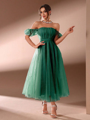 Solid Color Elegant Women's Banquet Dress With Off Shoulder Neckline(Heavy Style)