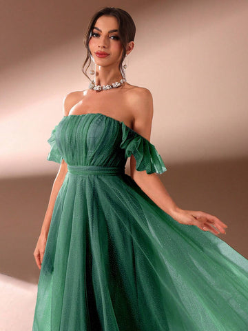 Solid Color Elegant Women's Banquet Dress With Off Shoulder Neckline(Heavy Style)