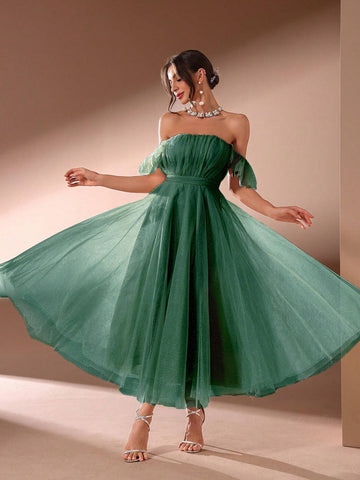 Solid Color Elegant Women's Banquet Dress With Off Shoulder Neckline(Heavy Style)