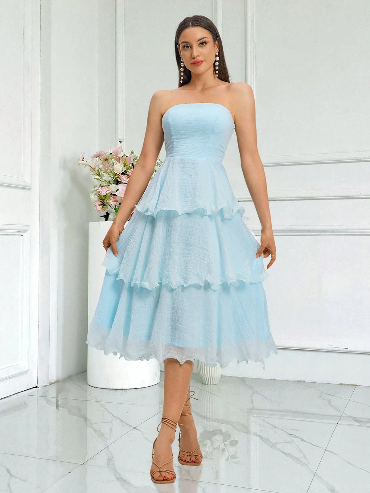 Women's Solid Color Simple Style Lace Trimmed Strapless Wedding Dress For Daily Wear Graduation Dress Blue Dress