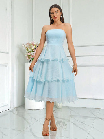 Women's Solid Color Simple Style Lace Trimmed Strapless Wedding Dress For Daily Wear Graduation Dress Blue Dress