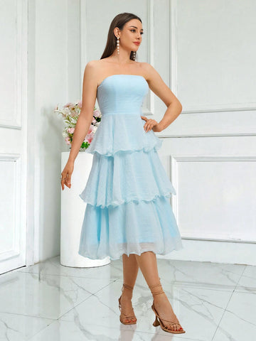 Women's Solid Color Simple Style Lace Trimmed Strapless Wedding Dress For Daily Wear Graduation Dress Blue Dress