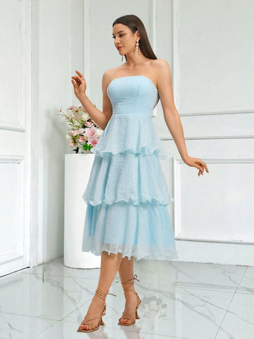 Women's Solid Color Simple Style Lace Trimmed Strapless Wedding Dress For Daily Wear Graduation Dress Blue Dress