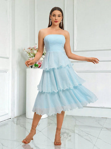 Women's Solid Color Simple Style Lace Trimmed Strapless Wedding Dress For Daily Wear Graduation Dress Blue Dress