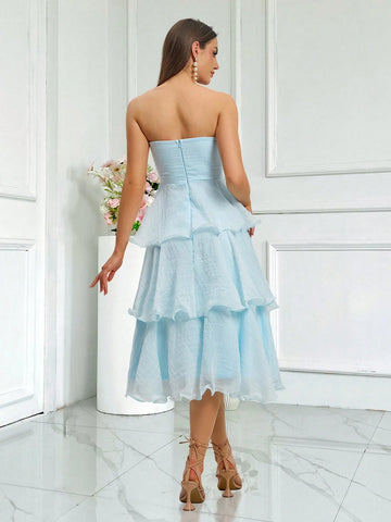 Women's Solid Color Simple Style Lace Trimmed Strapless Wedding Dress For Daily Wear Graduation Dress Blue Dress