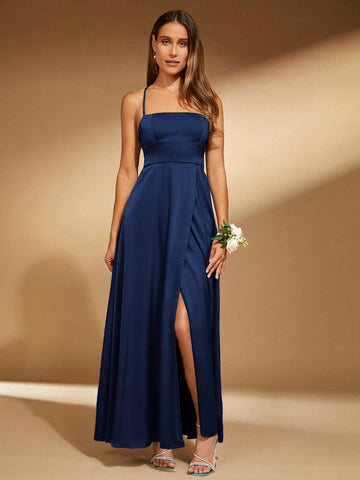 Women's Solid Color Wrap Split Backless Bridesmaid Dress