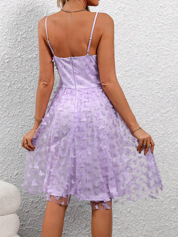 Women's Solid Color Spaghetti Strap Elegant 3D Butterfly Mesh Dress