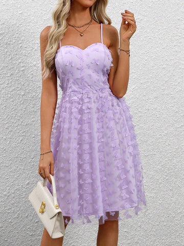 Women's Solid Color Spaghetti Strap Elegant 3D Butterfly Mesh Dress