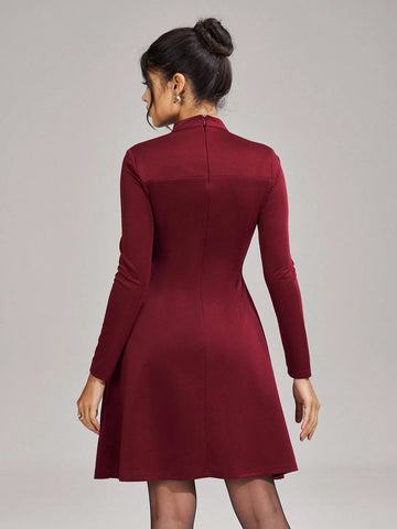 Women's Solid Color Stand Collar Long Sleeve Hollow-Out Elegant Ball Gown Dress (Heavy-Duty Embroidery)