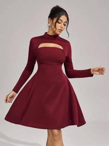 Women's Solid Color Stand Collar Long Sleeve Hollow-Out Elegant Ball Gown Dress (Heavy-Duty Embroidery)