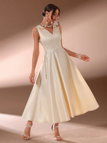 Women's Solid Color V-Neck Side Slit Bandage Long Elegant Party Dress (Heavy Duty Version)