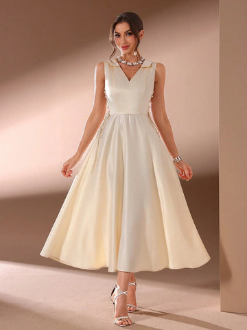 Women's Solid Color V-Neck Side Slit Bandage Long Elegant Party Dress (Heavy Duty Version)