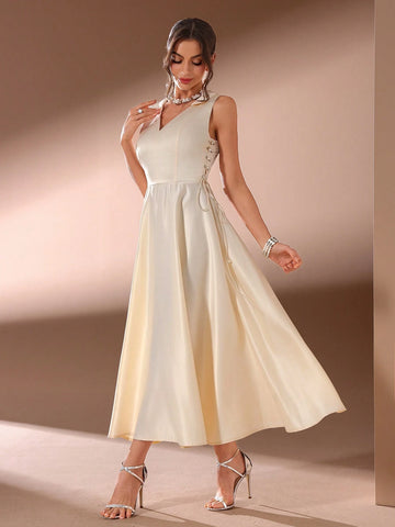 Women's Solid Color V-Neck Side Slit Bandage Long Elegant Party Dress (Heavy Duty Version)