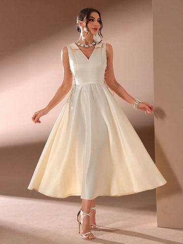 Women's Solid Color V-Neck Side Slit Bandage Long Elegant Party Dress (Heavy Duty Version)