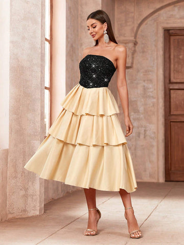 Women's Splice Sequin Layered Ruffle Hem Strapless Cocktail Dress