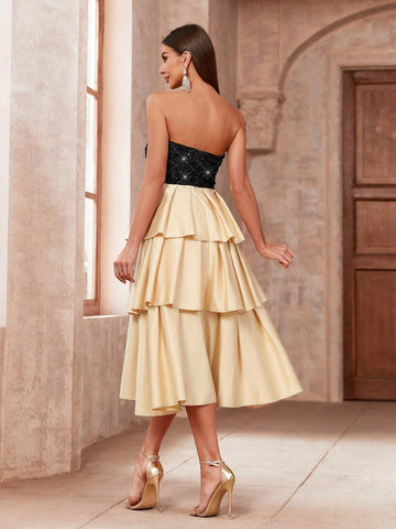 Women's Splice Sequin Layered Ruffle Hem Strapless Cocktail Dress
