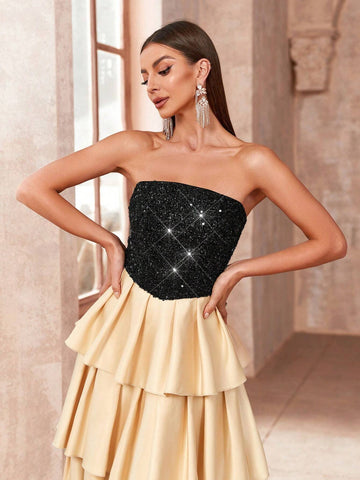 Women's Splice Sequin Layered Ruffle Hem Strapless Cocktail Dress
