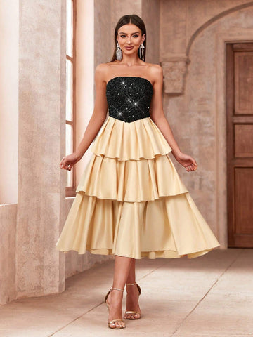 Women's Splice Sequin Layered Ruffle Hem Strapless Cocktail Dress