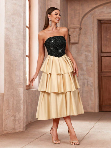 Women's Splice Sequin Layered Ruffle Hem Strapless Cocktail Dress