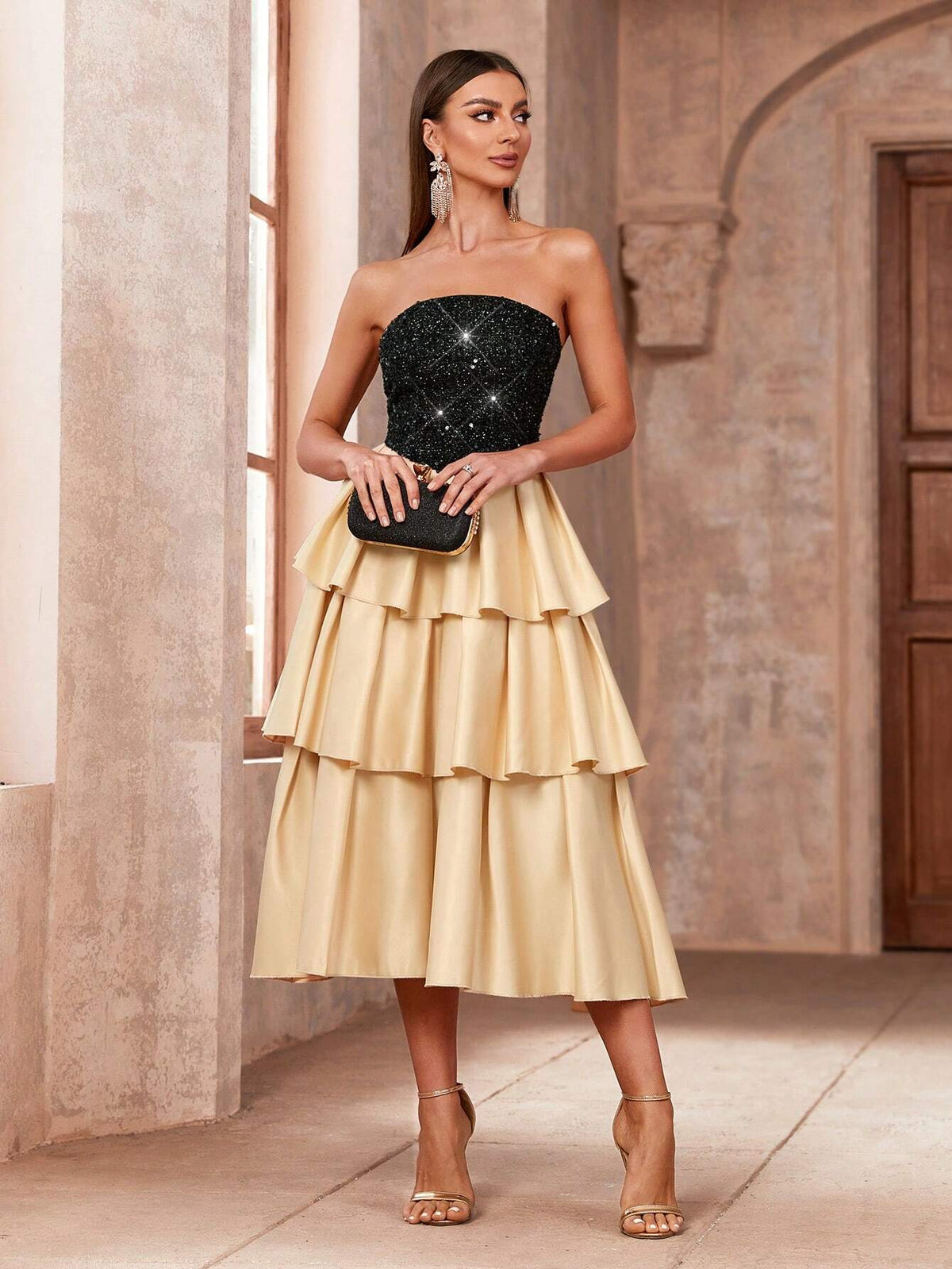 Women's Splice Sequin Layered Ruffle Hem Strapless Cocktail Dress