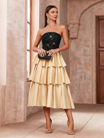 Women's Splice Sequin Layered Ruffle Hem Strapless Cocktail Dress