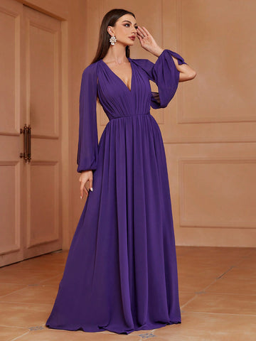 Women's Split Lantern Sleeve Open Back Bridesmaid Dress
