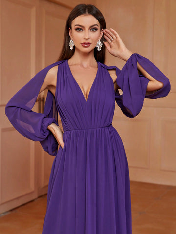 Women's Split Lantern Sleeve Open Back Bridesmaid Dress