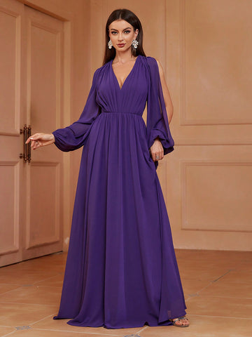 Women's Split Lantern Sleeve Open Back Bridesmaid Dress